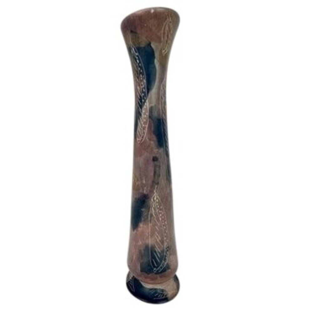 African Hand Painted Soapstone Bud Vase With Etched Leaf 10"